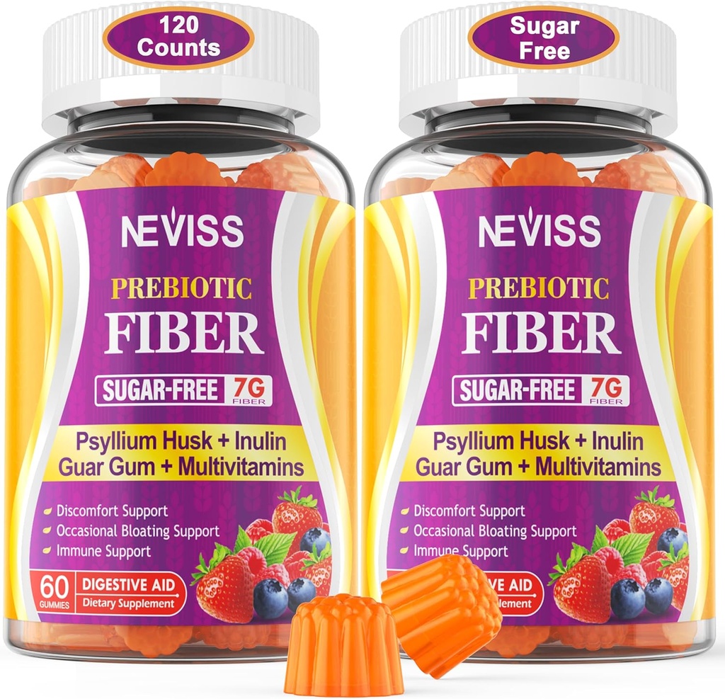 Psyllium Husk ile Yetişkinler için Fiber Gummies, 7G (Soluble + Inulin, FOS, Guar Gum, Daily Digestive Health, Regularity Support,Sugar Free,Pack of 2