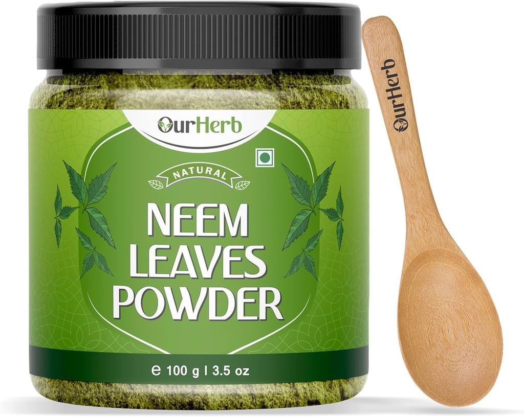 Neem Φύλλα σκόνης Φυσική λύση για το σπυρί-ελεύθερο σαφές δέρμα & μεταξένια μαλλιά, ιδανικό για πακέτα προσώπου, περιποίηση μαλλιών, και υποστήριξη χρωματισμού με ξύλινο κουτάλι – 100g 