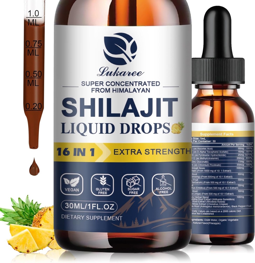16 in 1 Shilajit Resin Liquid Drop, Shilajit W/Ginseng, Turmeric, Rhodiola, Wolfberry, Amla & Vitamins, Shilajit Supplement for Men & Women with 85+ Trace Minerals & Fulvic Acid, 1 Fl Oz