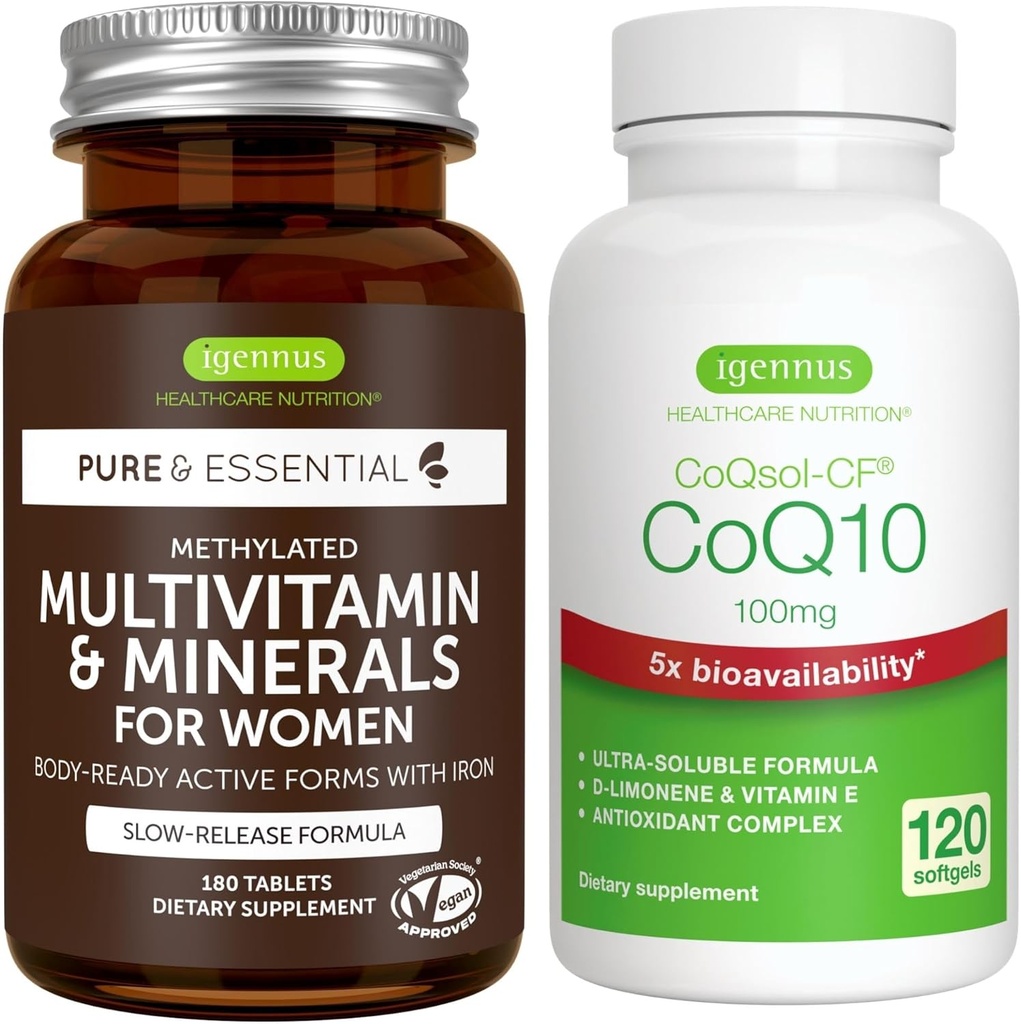 Kadınlar için Çokvitamin ve Mineraller + Yüksek Abhidrasyon CoQ10 100 mg 120 Softgels Energy Sche, Sustained release Advanced Multivitamin + CoQ10 with Vitamin E & D-Limonene, by Igennus