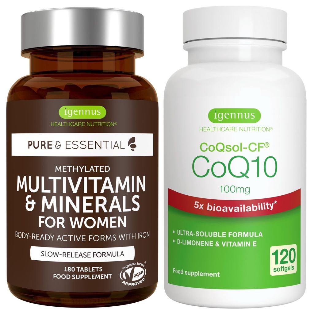 Kadınlar için Çokvitamin ve Mineraller + Yüksek Abhidrasyon CoQ10 100 mg 120 Softgels Energy Sche, Sustained release Advanced Multivitamin + CoQ10 with Vitamin E & D-Limonene, by Igennus