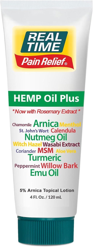 Real Time Pain Relief Hemp Oil Plus 4oz Tube | 20 Natural Ingredients: 5% Arnica & Turmeric | Fast Absorbing Lotion for Muscles, Hands, Feet, Ankles, Back, Shoulders, Knees & Joints Discomfort