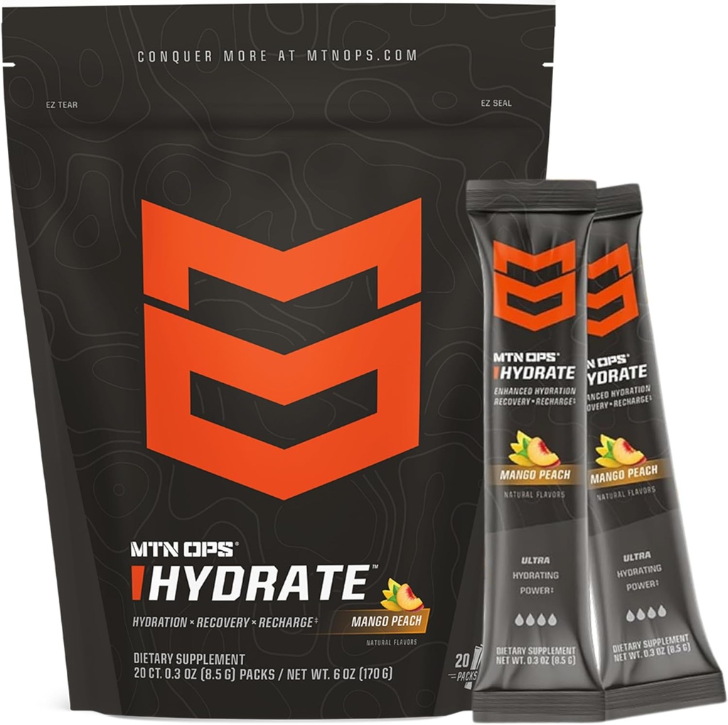 MTN OPS Hydrate Electrolytes Powder Drink Mix, 20 Μονές Ηλεκτρολυτικές Συσκευασίες On-The-Go με Πάνω από 1000mg Ηλεκτρολυτών ανά Σερβίρισμα, Mango Peach