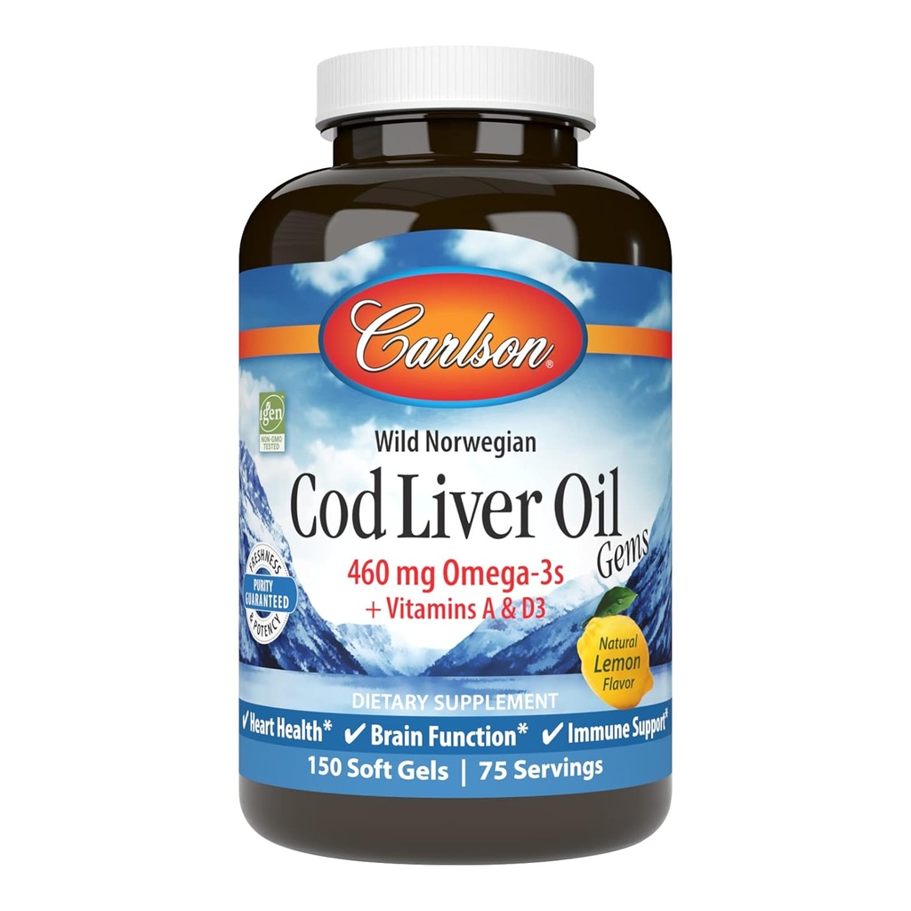 Carlson - Cod Liver Oil Gems, 460 mg Omega-3s, Plus Vitamins A ve D3, Wild Caught Norveç Arctic Cod Liver Oil, Sustainable Sourced Nordic Fish Capsules, Lemon, 150 Softgels