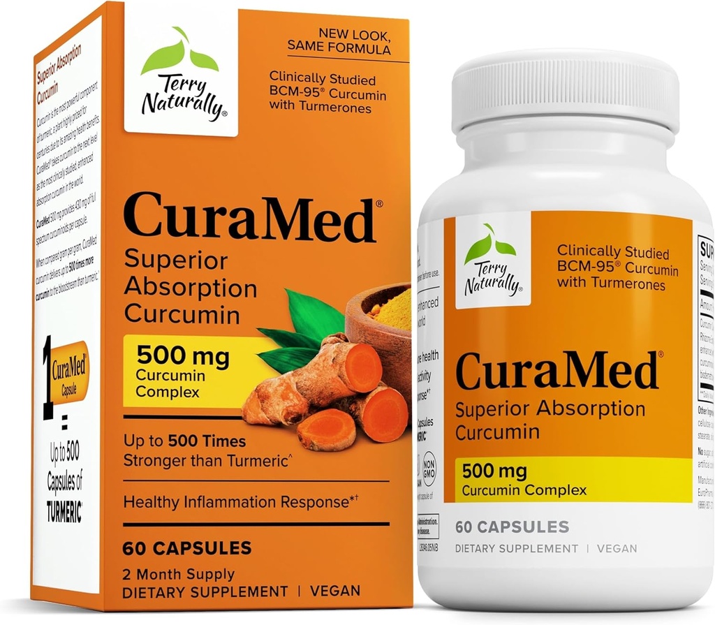 Terry φυσικά CuraMed 500mg - αντιοξειδωτικό συμπλήρωμα για την υποστήριξη του εγκεφάλου & ανοσοποιητικών υγείας - συμπλήρωμα με κουρκουμίνη & κουρμερικό αιθέριο έλαιο - βοτανική υποστήριξη ήπατος - 60 Softgels