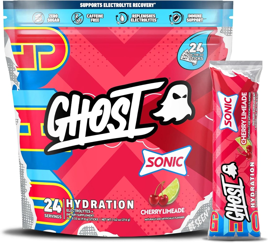 Συσκευασίες ενυδάτωσης GHOST, Sonic Cherry Limeade, 24 Sticks, Ηλεκτρολυτική σκόνη - Συμπλήρωμα μειγμάτων ποτών με μαγνήσιο, κάλιο, ασβέστιο, βιταμίνη C - Vegan Φιλικό, χωρίς σόγια, ζάχαρη & γλουτένη