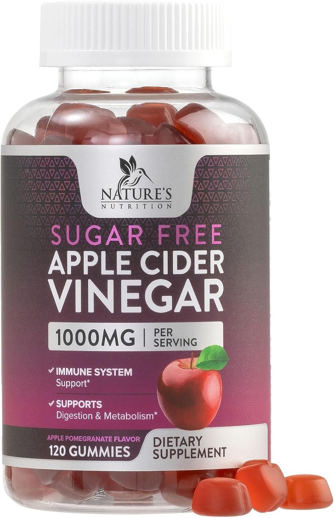 Τσίχλες μηλίτη μήλου για απώλεια βάρους 1000mg - Vegan μήλο ξύδι για Detox & Cleanse, χάπια συμπλήρωμα ACV, βιταμίνη B12, ζάχαρη χωρίς ACV Gummy, μη-GMO, διατροφή της φύσης - 120 Gummies