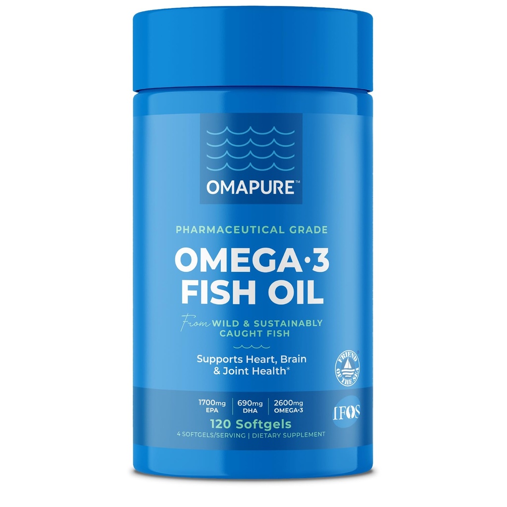 OMAPURE Fish Oil Supplements with Omega 3 Fatty Acids (1 Şişe, 120 Softgels) - Yüksek EPA, DHA, & IFOS Fish Oil Pills Destek Kalp ve Ortak Sağlık - Burpless Balık Yağı Beyin Fonksiyonlarını Teşvik Ediyor