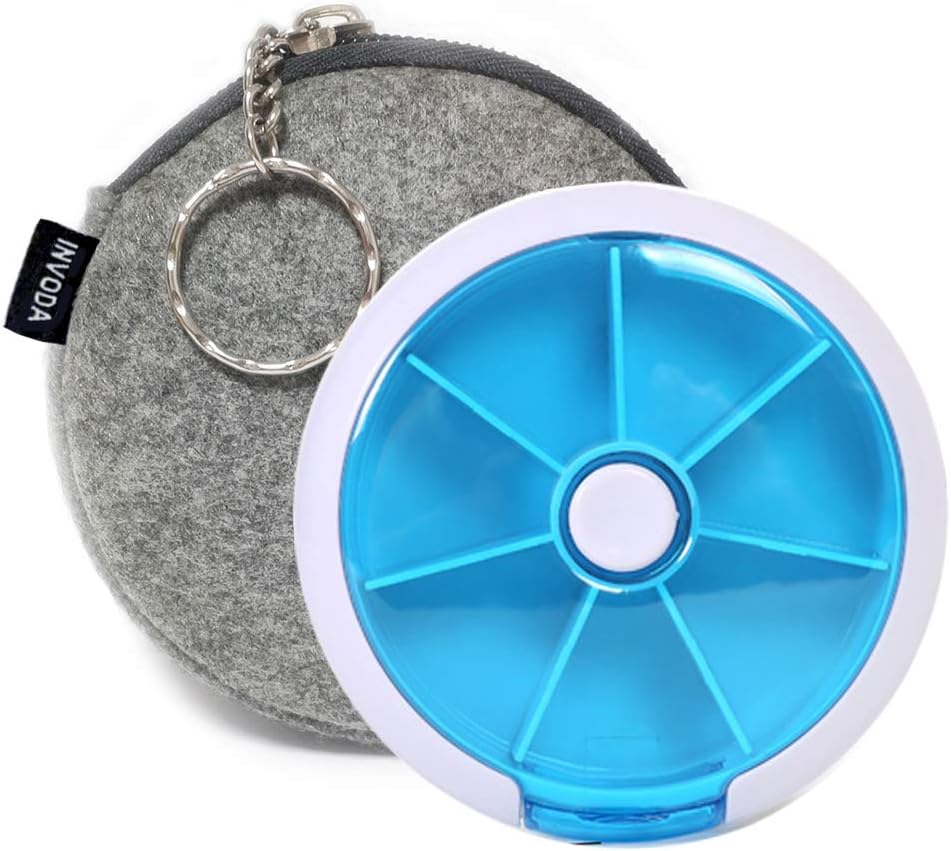 Pill Cases Weekly INVODA Pill Organizer 7 Day 3 Times Medicine Pill Dispenser Push Button Rotate Pill Planner with 7 Compartments (Blue+Bag)