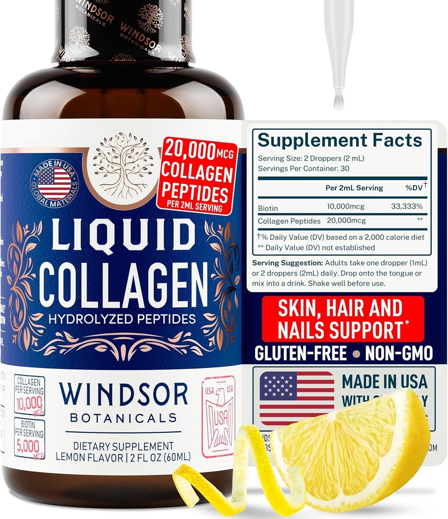 Concentrated Liquid Collagen Peptides Supplement - 30,000mcg Hydrolyzed Liquid Collagen for Women plus Biotin Hair, Skin, Nail Support - Sublingual Direct Drops or in Drinks - Natural Lemon Drink 2 oz