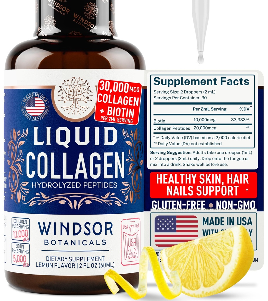 Yoğun sıvı Collagen Supplement Supplement - 3006 Hydrolyzed Liquid Collagen for Women artı Biotin Saç, Skin, Nail Support - Sublingual Direct Drops or in Drinks - Natural Lemon Drink 2 ozz