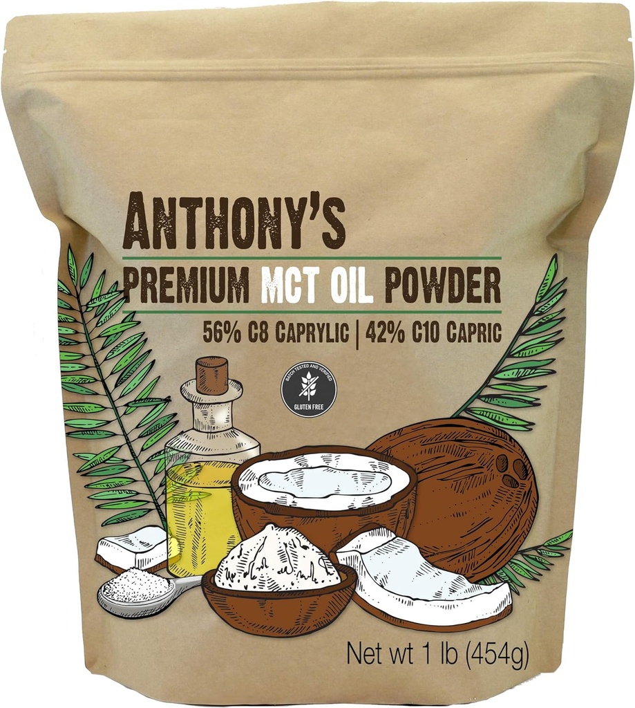 Άρτιο σκόνη λαδιού MCT του Anthony 56% C8 Caprylic, 42% C10 Capric, 1 lb, χωρίς γλουτένη, μη GMO, Keto Friendly