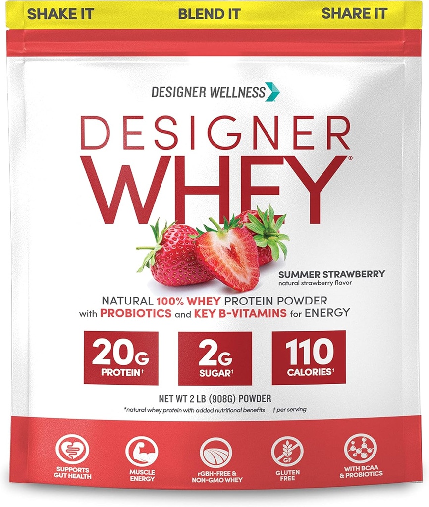 Tasarımcı Wellness, Tasarımcı Whey, Doğal Whey Protein Toz Probiyotiks, Fiber ve Key B-Vitamins for Energy, Gluten-Free, Summer Strawberry, 2 lb