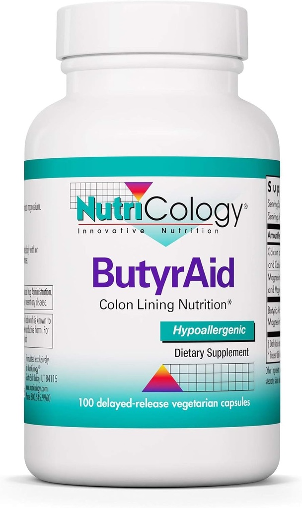 Nutricology ButyrAid Supplement 200 mg - Butyrate, Gut Health, Butyric Acid, Tributyrin Complex, Colon Lining Beslenme, Postbiyotikler, Gecikmiş-Release Vegetarian Capsules - 100 Count