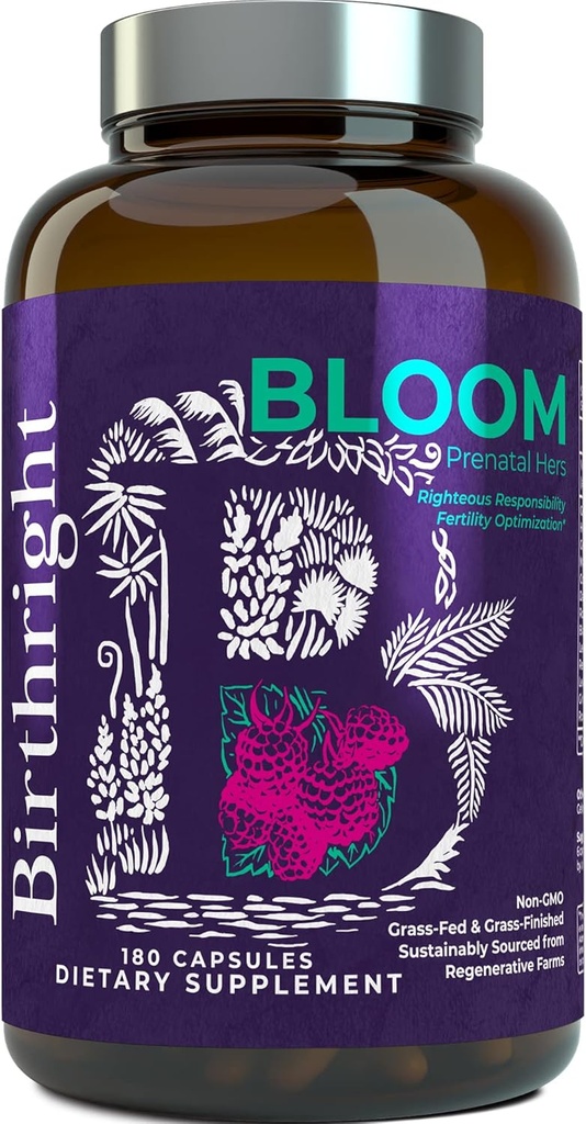 Doğum Hakkı Fetal Development için Prenatal Supplement... Folate, Choline + DHA, Grass Fed Liver, Fish Eggs, Colostrum, Bone Marrow, with All Natural Herbal Mix Bloom
