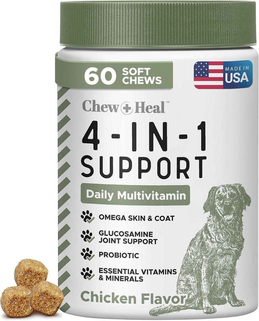 Tüm 1 Köpek Vitaminleri ve Supplements, 60 Soft Chew Multivitamins with Glucosamine, Probiyotiks, Omega Fish Oil - For Skin, Coat, Hip, Joint & Gut Health - Senioror, Puppy, Large & Dog Small