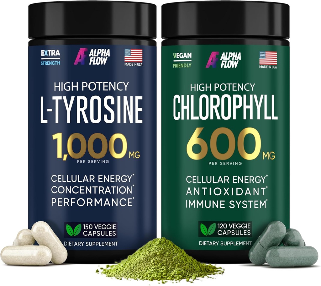 (Bundle) Chlorophyll & L Tyrosine Capsules - Natural Energy, Immunity and Focus Supplement - 600 mg Chlorophyll for Freshness + 1000 mg L-Tyrosine for Focus & Spiritty - Made in the USA