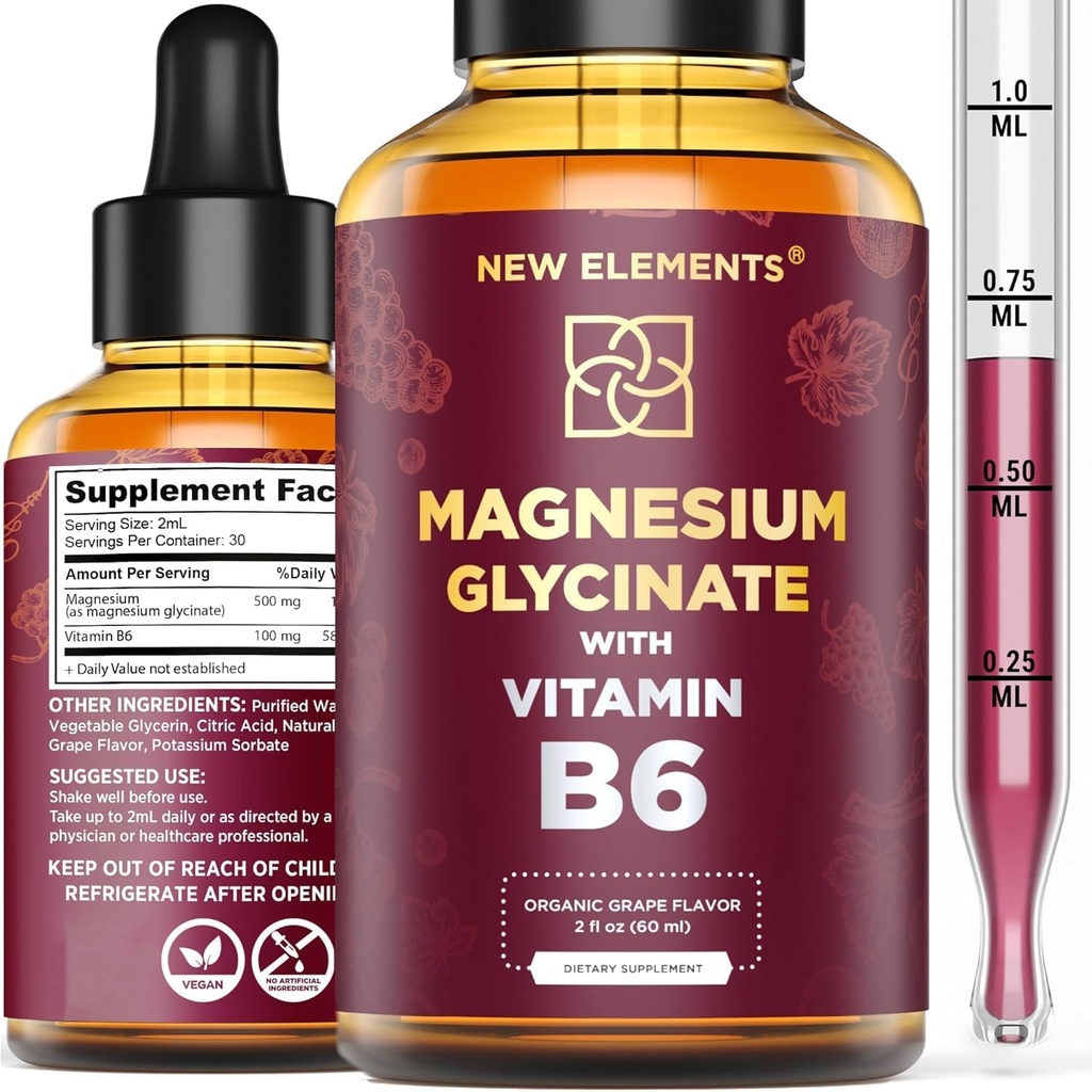 B6 Vitamini ile Sıvı Glycinate Drops - Magnezyum Supplement 500 mg & Vitamin B6 100 mg | Non-GMO No Gluten | Stres Yardım | Uyku ve Rahatlama | Kas & Kalp Desteği | Doğal & Vegan