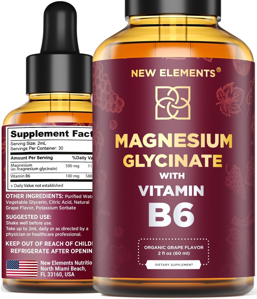 B6 Vitamini ile Sıvı Glycinate Drops - Magnezyum Supplement 500 mg & Vitamin B6 100 mg | Non-GMO No Gluten | Stres Yardım | Uyku ve Rahatlama | Kas & Kalp Desteği | Doğal & Vegan