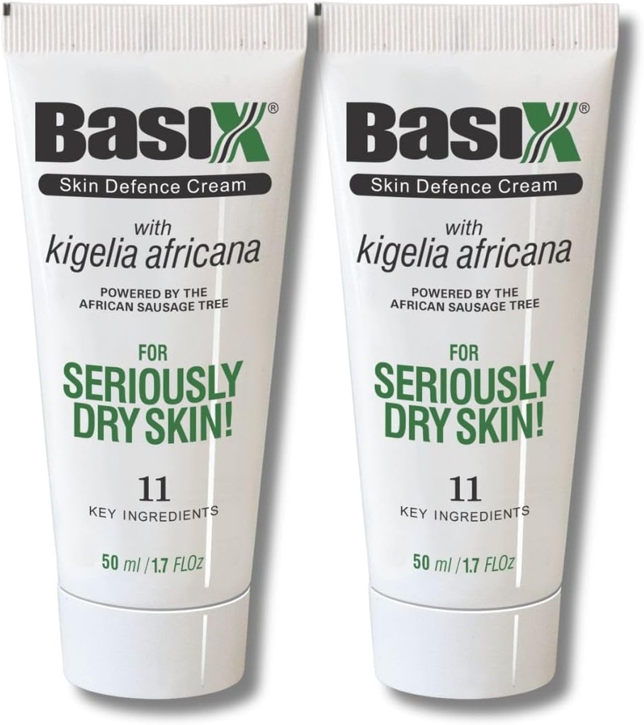 Basix Skin Savunma Kremi (Twin Pack) Kigelia Afrika Sausage Tree Soothes Eczema Psoriasis Dermatitis Acne Natural Materials Malzemeler Kuru Itchy Skin Lemon Ginger Plant Rosemary Vitamin E Rose
