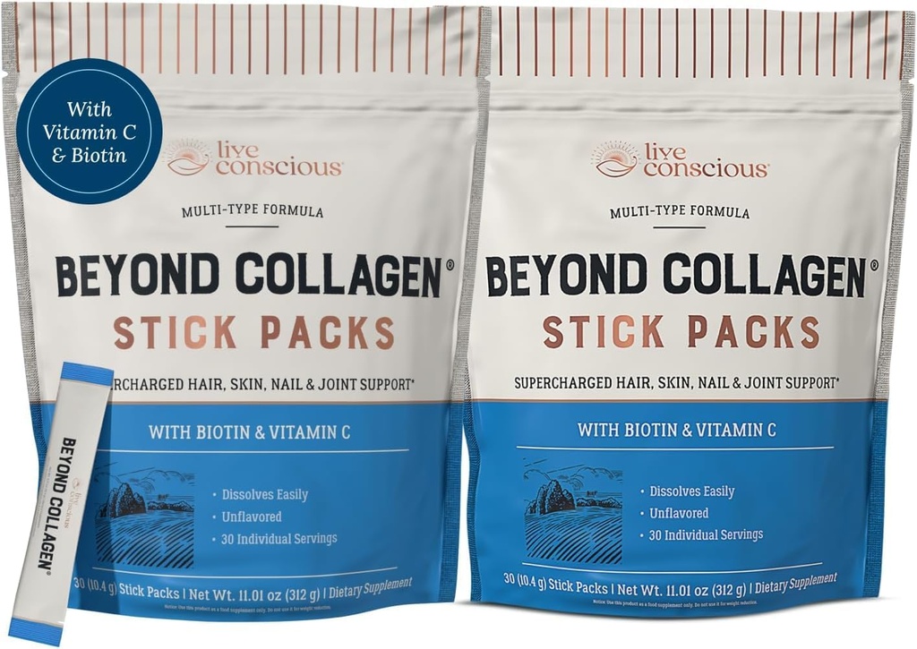 Live Consciious Beyond Collagen Peptides Powder Άγευστα Πακέτα-Υδρολυμένα Collagen Σκόνη-Κερδί Καρφί & Κοινή Υποστήριξη-Συμπληρώματα κολλαγόνου πολλαπλού τύπου για γυναίκες & άνδρες 30 Pack (2pk)