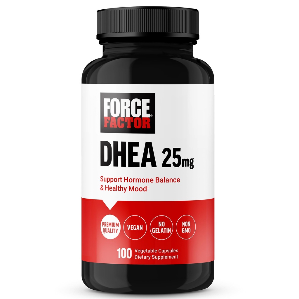 FORCE FACTOR DHEA 25mg, DHEA συμπλήρωμα για γυναίκες και άνδρες για την υποστήριξη της ισορροπίας ορμονών και υγιή διάθεση, Premium ποιότητα, Vegan φιλικό, μη-GMO, 100 κάψουλες λαχανικών