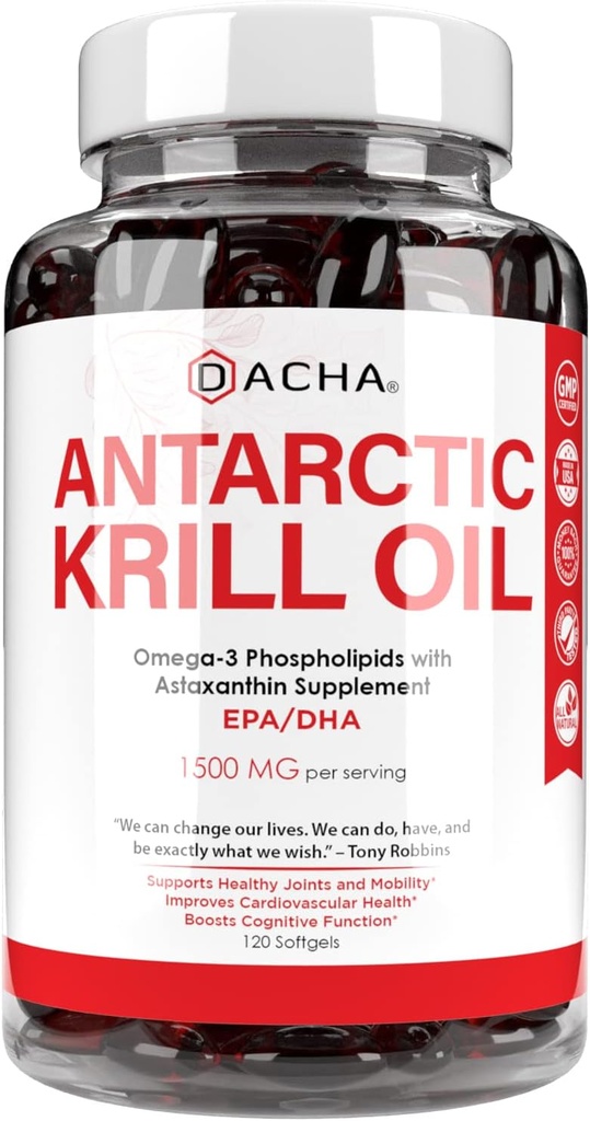 Premium Antarktika Krill Oil Supplement Softgels- 1500 mg with Natural Omega-3, Astaxanthin and Phospholipids 120 Soft Gels, 180 mg EPA & 120 mg DHA for Immune, Memory Support, Heart Health Non-GMO