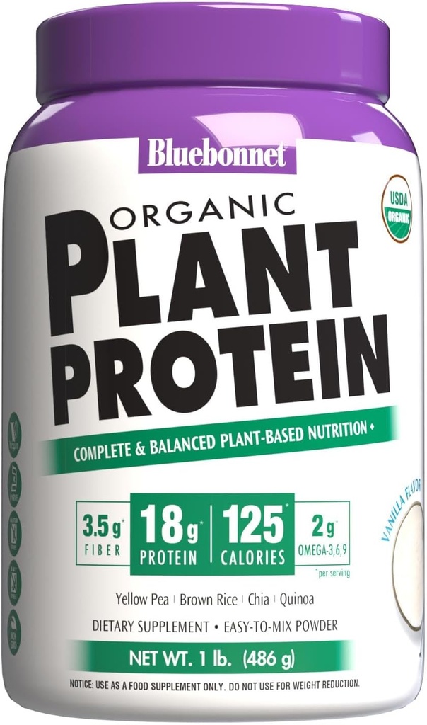 Bluebonnet Beslenme Organik Bitki Proteini - 18g protein, 3.5g Fiber - Chia, Quinoa & More - Non-GMO, Vegan, Kosher, USDA Organik, No Sugar Eklenme - Gluten, Soy & Milk - 1 LB, Vanilla Flavor
