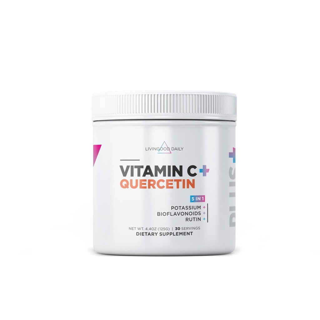 Livingood Daily High Dose Vitamin C Toz Supplement, 2,600 MG Ascorbik Asit Toz Destekleri Immunity & Skin Health, Tozlu Vitamin C ile Quercetin, Stevia, Vegan, 30 Hizmet