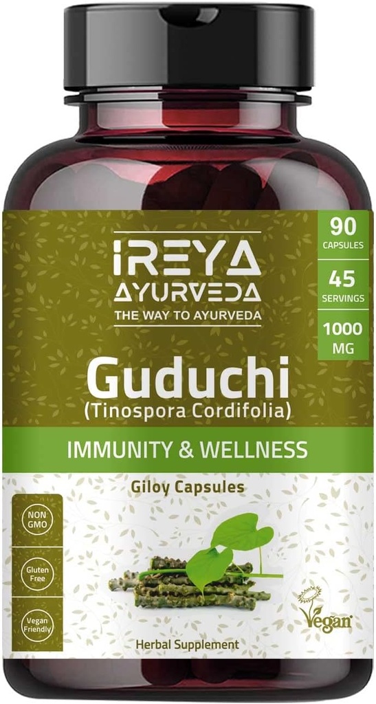 Guduchi Capsules Immunity'yi güçlendiriyor ve Hücre Savunmasını, Vitality ve Rejuvenating Herb for Digestion (90 Capsules)