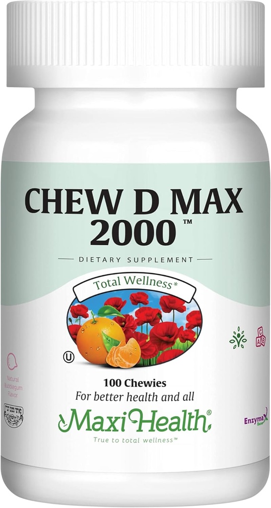 Maxi Health Chewable Vitamin D3 2000 IU Supplement - Delicious Natural Bubble Gum Flavor - Υποστηρίζει την απορρόφηση ασβεστίου, ανοσοποιητική και οστική υγεία σε ενήλικες γυναίκες, άνδρες, παιδιά και τονταδόρους - 100 μάσημα