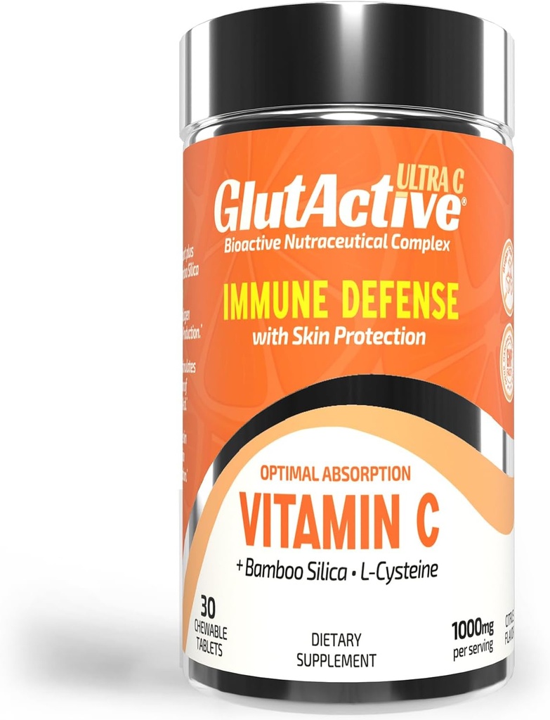 Ultra VIT-C 1,000mg Chewable Tablets - Immune Support & Collagen Builder - High Absorption Ascorbic Acid with Cysteine & Bamboo Silica - Powerful Antioxidant - 30 Tablets