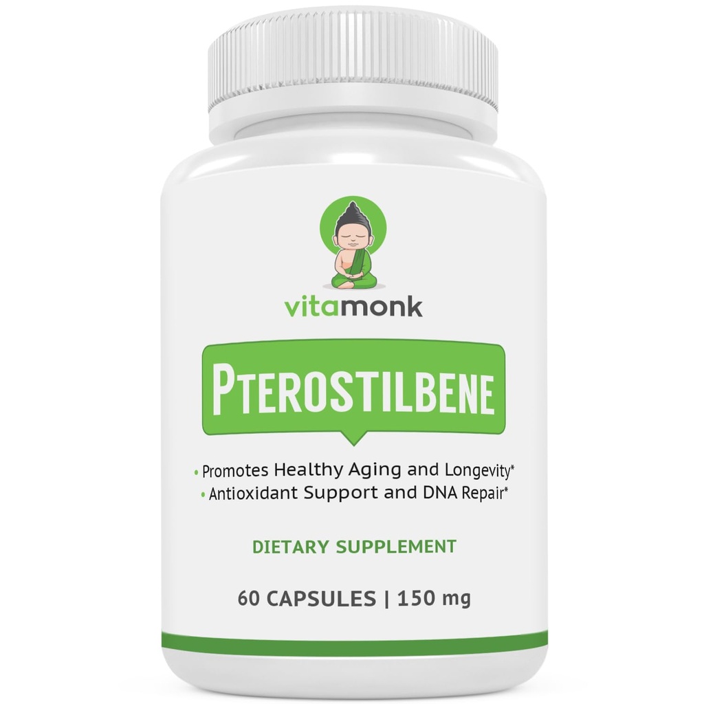 VitaMonk Pterostilbene 150mg κάψουλες χωρίς τεχνητά πληρωτικά - συμπλήρωμα χωρίς σόγια Trans-Pterostilbene που προωθεί την υγιή γήρανση και μακροζωία - 60 Veggie-καπάκια - Βελτιωμένη ρεσβερατρόλη