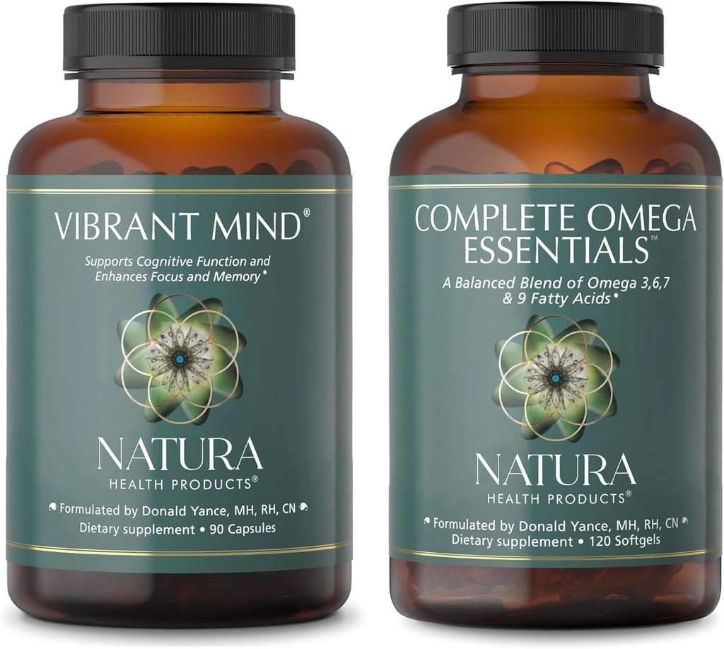 Natura Health Products Vibrant Mind and Complete Omega Essentials Supplement Bundle - Nootropic Brain Supplement for Memory and Focus - Ισορροπημένο μείγμα Ωμέγα 3, 6, 7, & 9 Λιπαρά Οξέα