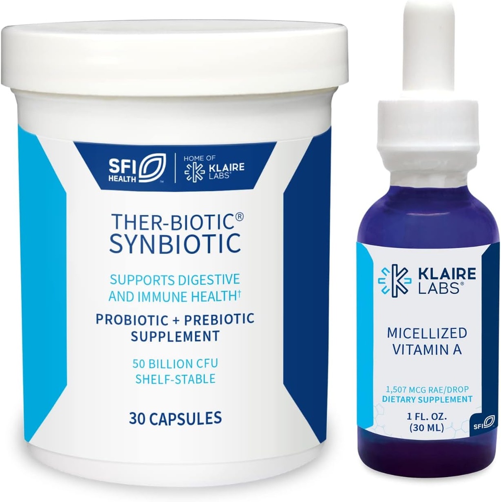 Klaire Labs Ther-Biotic Synbiyotik Probiyotik (30 Capsules) & Micellized Vitamin A Liquid (1 oz / 600 Hizmet) 5000 IU Sche - Digestive Health & Immune Support - Hipoallergenic 2 Ürün Setleri