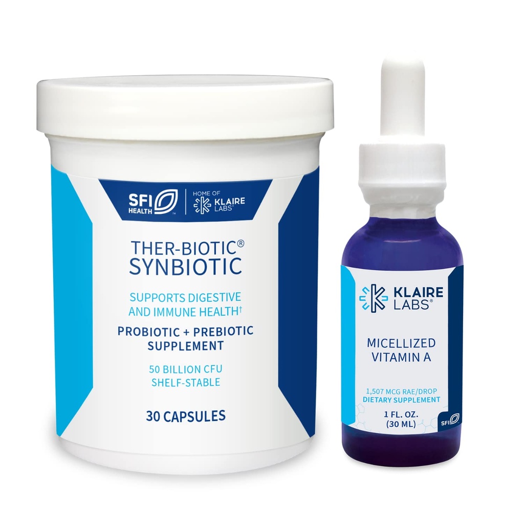 Klaire Labs Ther-Biotic Synbiyotik Probiyotik (30 Capsules) & Micellized Vitamin A Liquid (1 oz / 600 Hizmet) 5000 IU Sche - Digestive Health & Immune Support - Hipoallergenic 2 Ürün Setleri