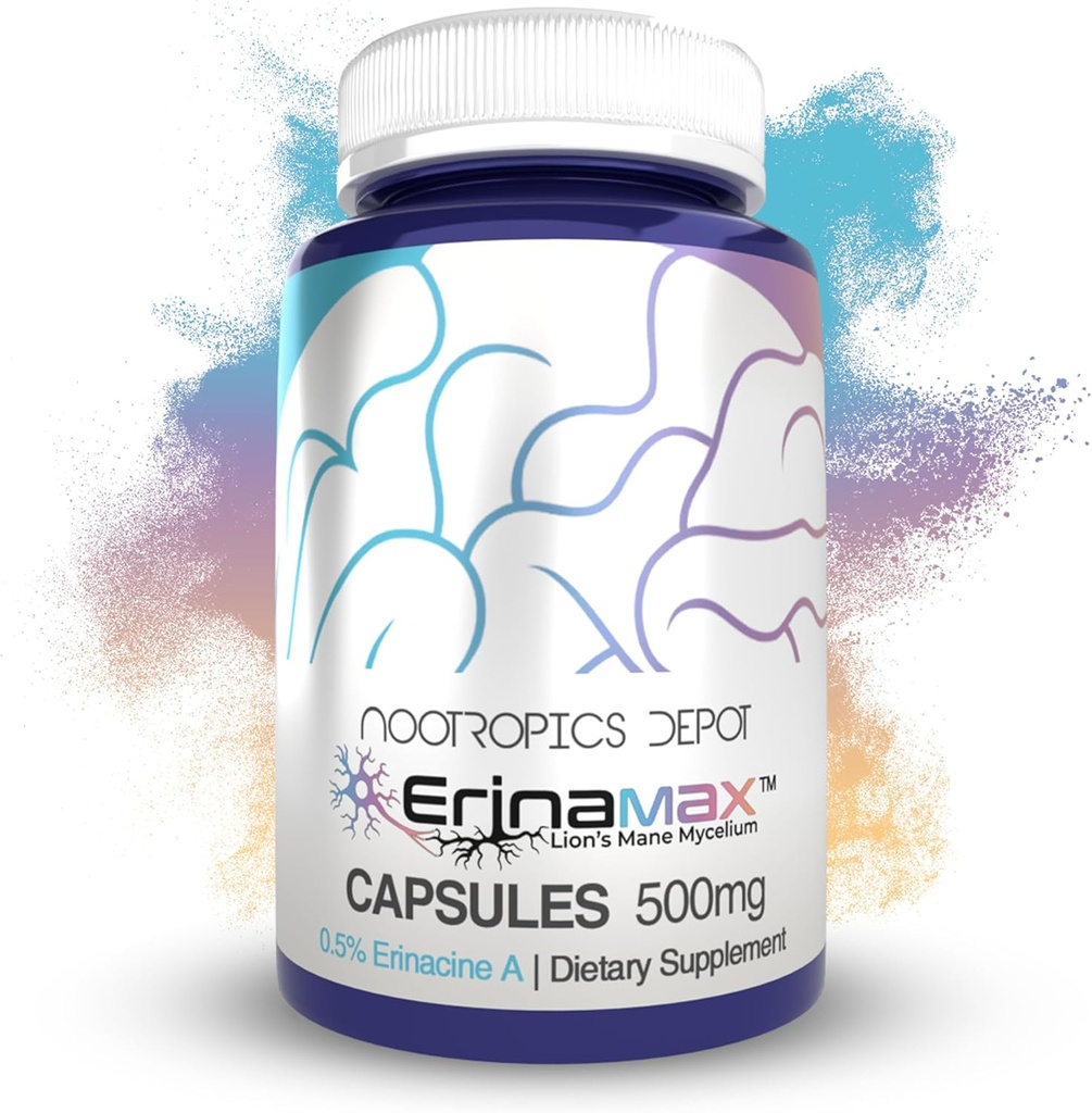 Nootropics Depot Erinamax Lion's Mane 500mg Capsules | Liquid Culture Mycelium | 2.5mg Erinacine A | Mood, Cognition, & Nerve Support | 60 Count
