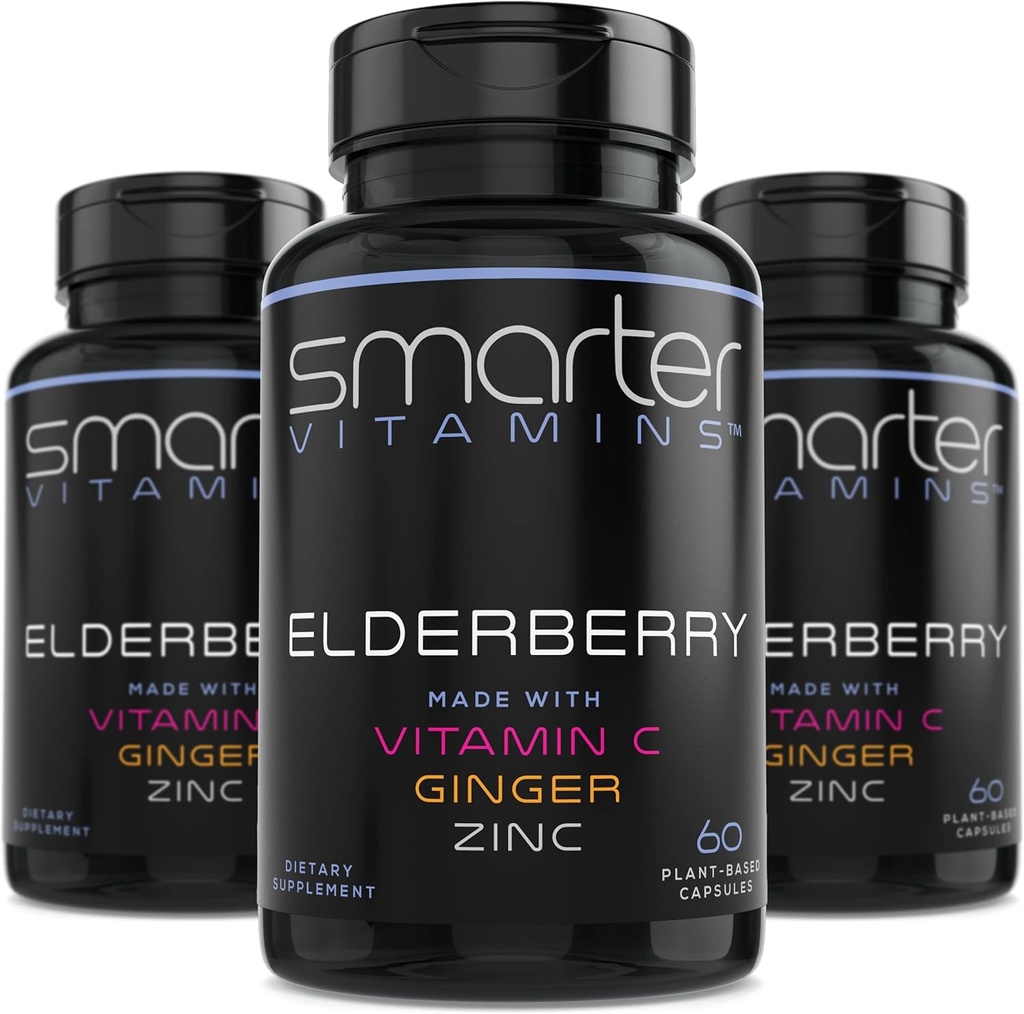 (3 Pack) Smarter Elderberry Capsules + Vitamin C + Ginger & çinko, Herbal Supplement, Güçlü Black Elder Berry Antioksi Vitamin, 180 Vegan Pills