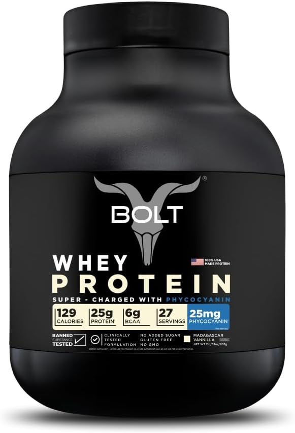 Bolt Whey proteini Toz | Superfood Phycocyanin | Muscle Building & Recovery with Bone Health | 25g protein, 6g BCAA Per | 2LB/32oz, 27 Hizmet | Madagaskar Vanilla