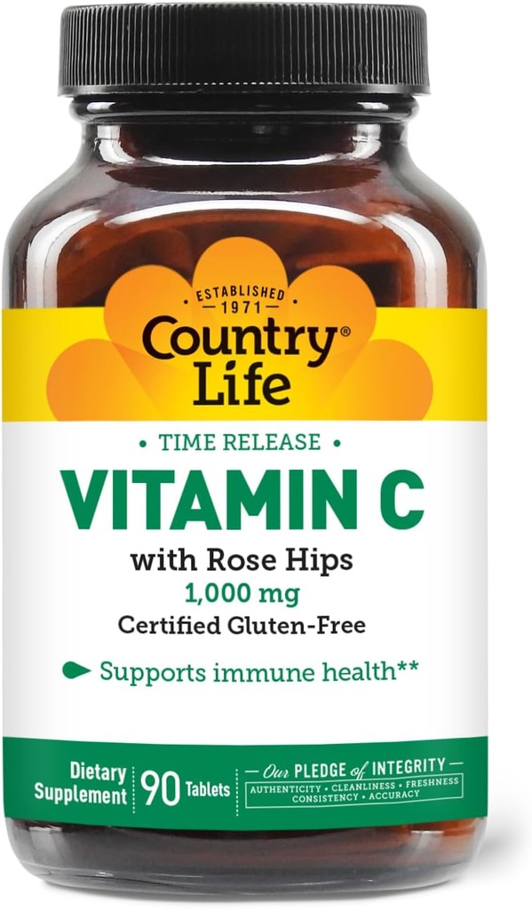 Country Life Vitamin C 1000mg με Rose HIPS – Συμπλήρωμα Ανοσολογικής Υποστήριξης Release Αντιοξειδωτική Προστασία – Vegan, Χωρίς Γλουτένη, Συντηρητικά- 90 δισκία
