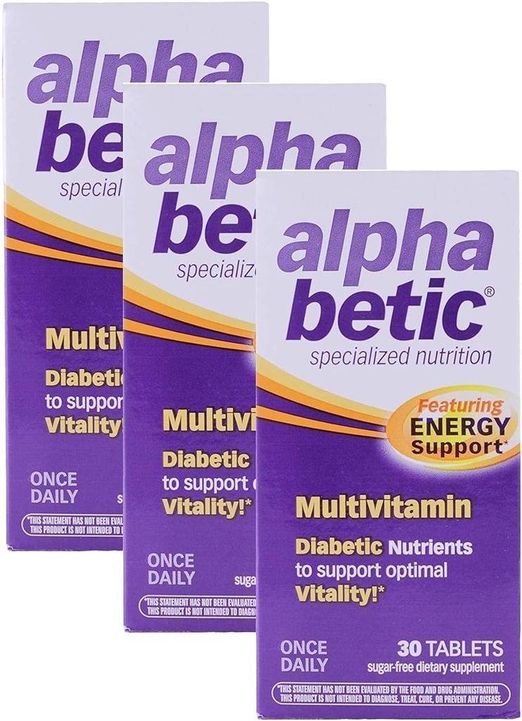 Alpha Betic Μια φορά ημερησίως πολυβιταμίνη για τα διαβητικά, χωρίς γλουτένη, χωρίς ζάχαρη, εκτεταμένο συμπλήρωμα διατροφής ενέργειας, 30 δισκία (3 Pack)3