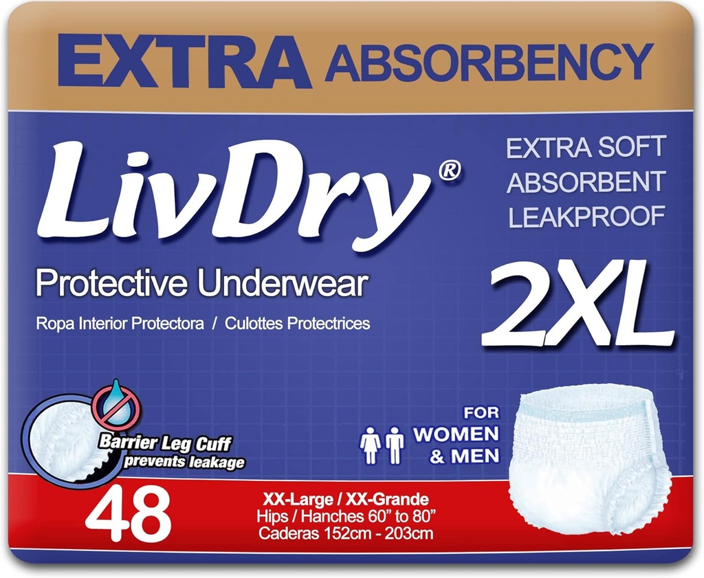 LivDry Adult XXL Incontinence Underwear, Ekstra Comfort Absorbency, Leak Protection, XX-Large, 48-Pack