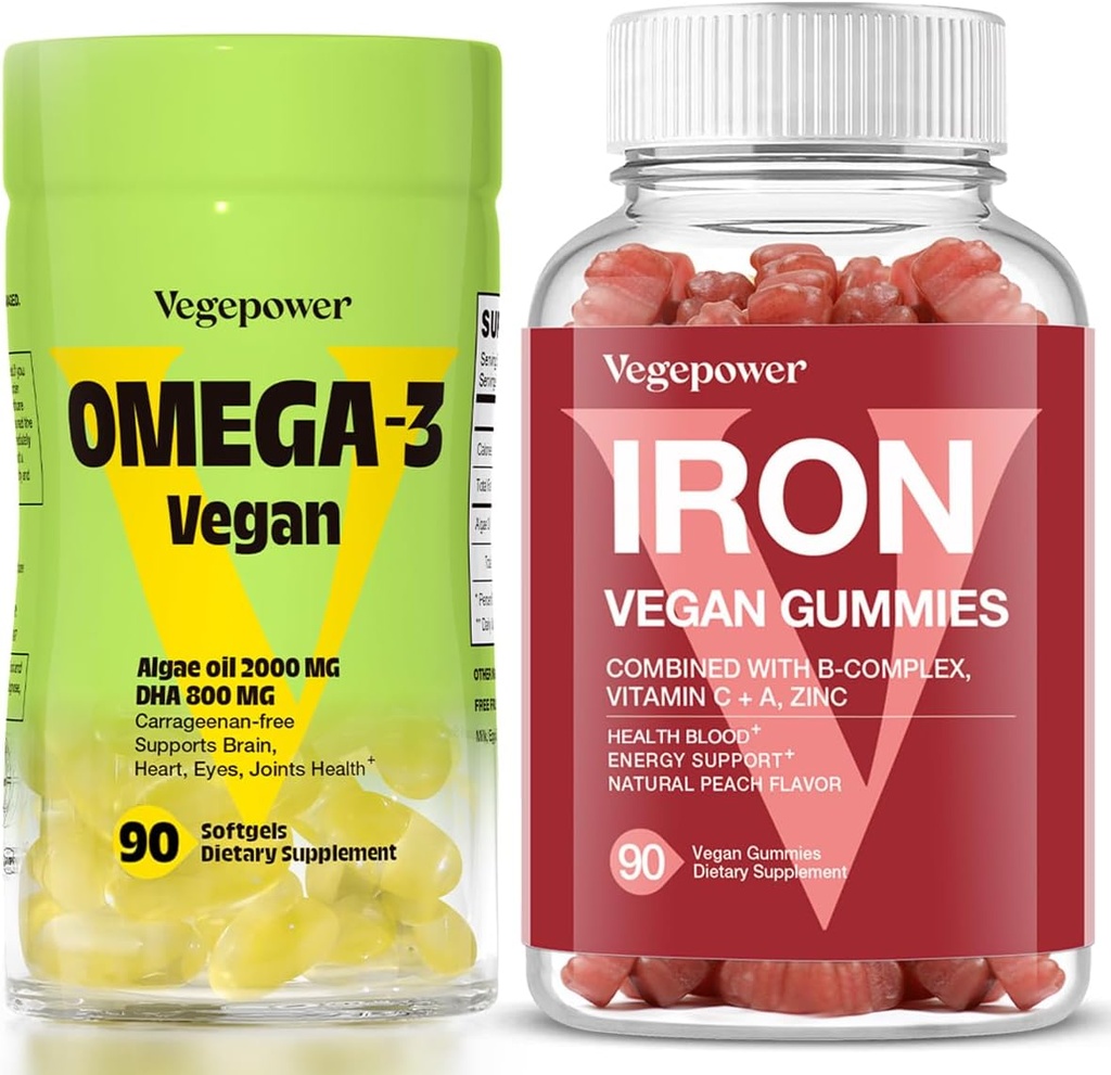Vegan Demir Gummies + Vegan Algae Omega-3 DHA - Kadınlar ve Erkekler için en iyi Vitamin Tamam, Gluten-Free-GMO, Gluten-Free