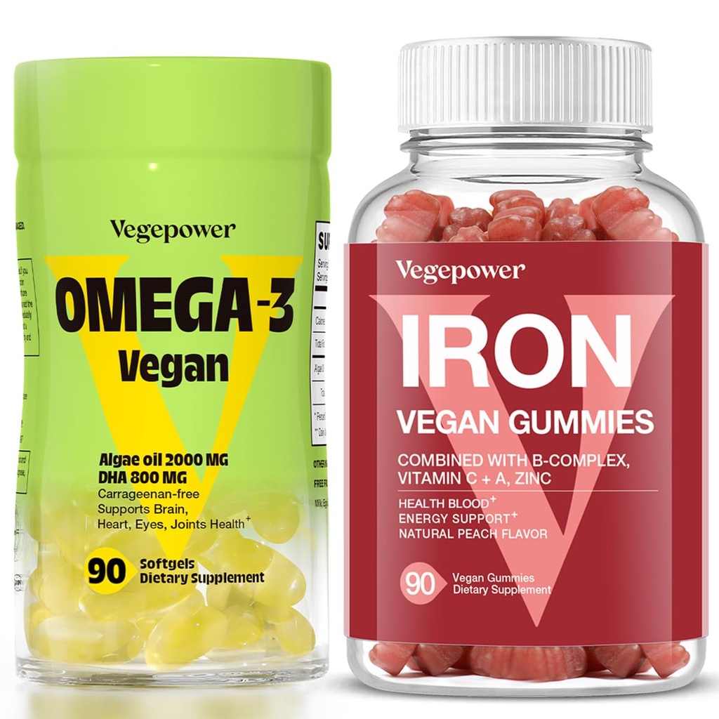Vegan Iron Gummies + Vegan Algae Omega-3 DHA - Best Vitamin Supplement for Women & Men, Non-GMO, Gluten-Free