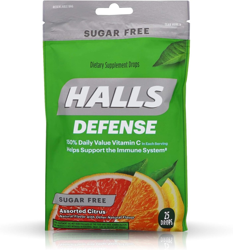 Halls Defense Vitamin C Drops Sugar Free Assorted Citrus - 25 ct, 4 Pack of 4