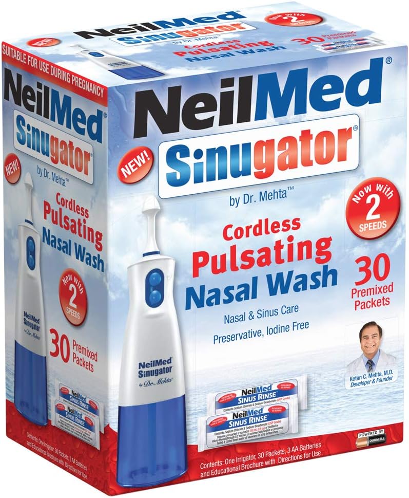NeilMed Sinugator Cordless Pulsating Nasal Wash Kit with One Irrigator, 30 Premixed Packets ve 3 AA Pilleri ( 1)
