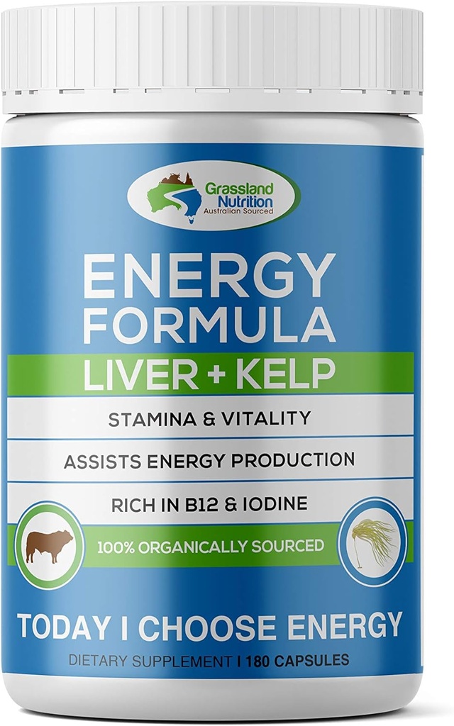 GRASSLAND NUTRITIONTION Grass Fed Beef Liver with Wild Harvested Kelp 100% Organikally/Halal Sourced 2-in-1 Energy Formula - Natural B12, Iodine, Iron & A (180 Capsules)