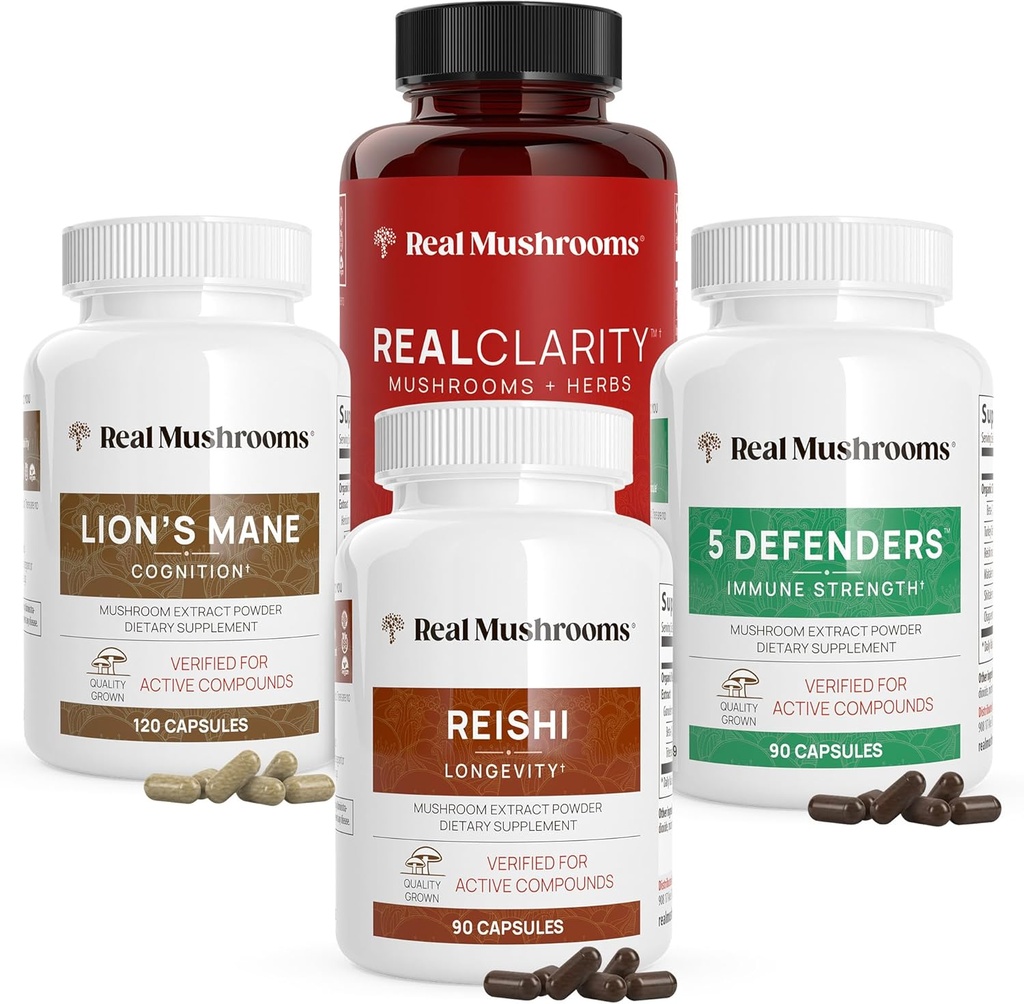 Real Mushrooms RealClarity (60ct), Lions Mane (120ct), Reishi (90ct) & 5 Defenders (90ct) Κάψουλες - Mushroom Supplement for Cognitive Health, Longevity, Relaxation & Immune Support - Vegan, Non-GMO