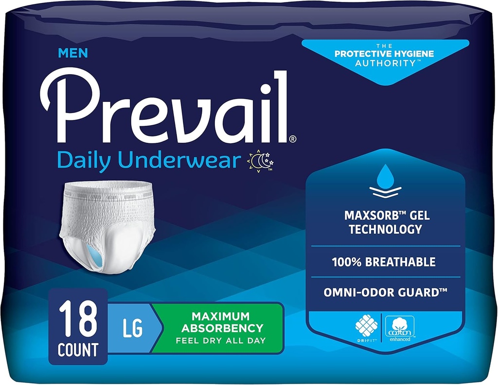 Prevail Incontinence Protective Underwear for Men, Maximum Absorbency, Large, 18 Count