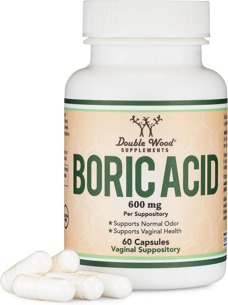 Boric Acid Suppositories (600 mg Vaginal Suppositoryory, 60 Kont) Destekler Vaginal pH Dengesi, Odor Control (USP Medical Grade Fine Toz, Easy Dissolve, Third Party Tested)